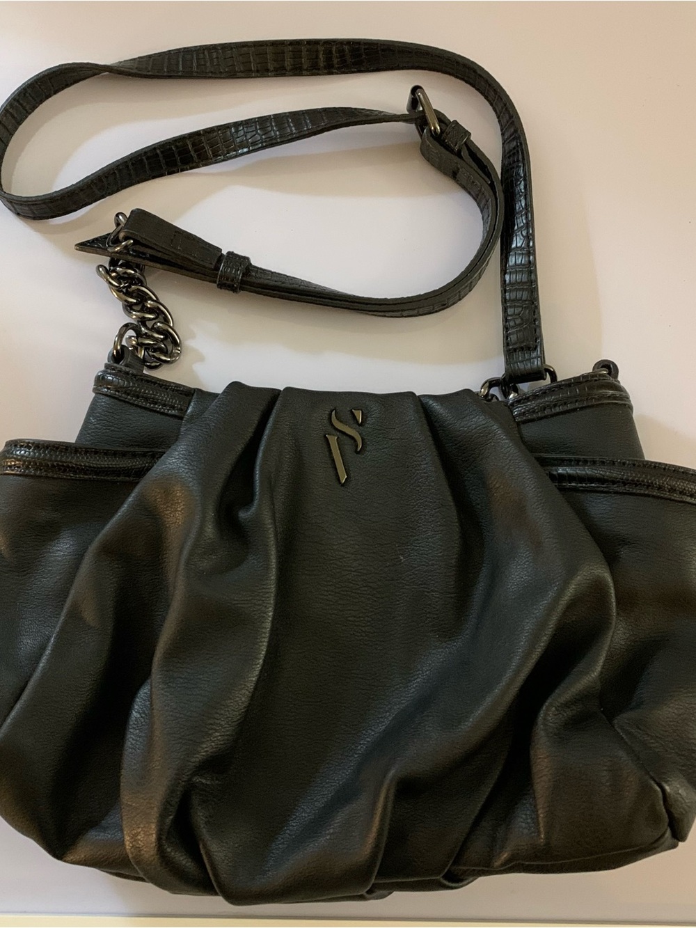 Simply Vera Vera Wang Black Soft Leather Shoulder Bag with Chain-Accent Strap